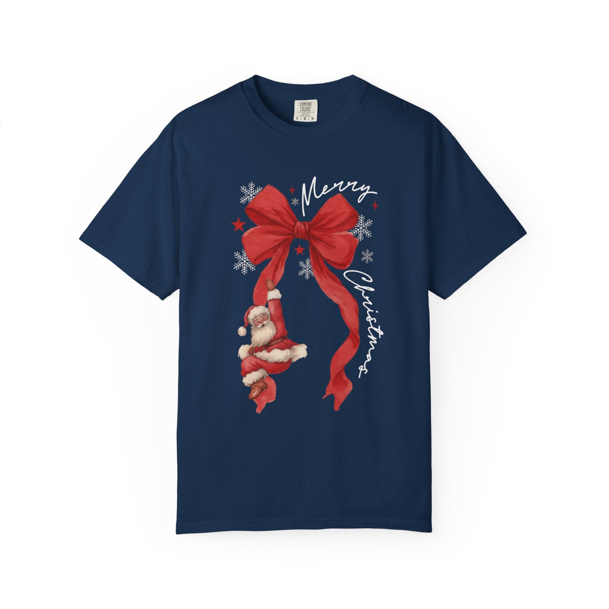 Comfort Colors® Funny Hanging Santa Christmas Shirt | Merry Christmas Aesthetic Graphic Tee | Cute Red Bow Ribbon Holiday Sweatshirt
