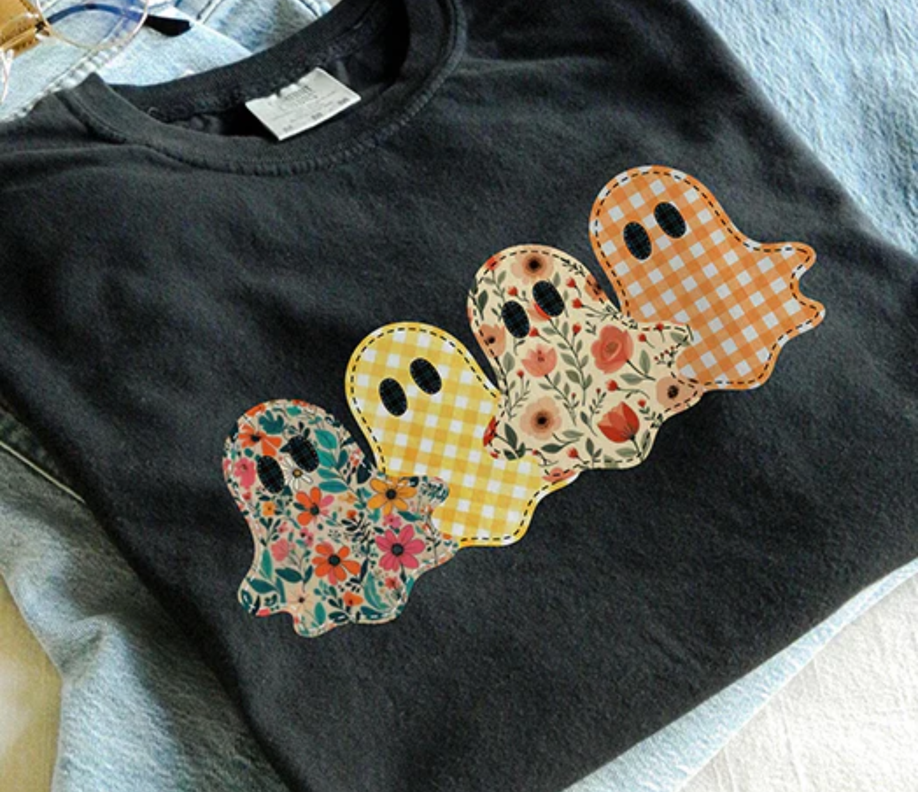 Preppy Spooky Season Shirt, Floral Ghost Patchwork Tee, Fall Pumpkin Shirt, Funny Halloween T-Shirt, Spooky Season Top, Trending Halloween Tee