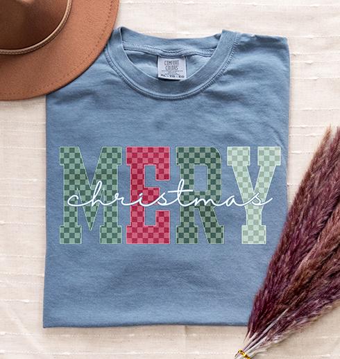 Merry Christmas T-Shirt, Plaid Checkered Merry Christmas Shirt, Christmas Tee, Holiday Festive Shirt, Red Green Plaid Christmas T-Shirt